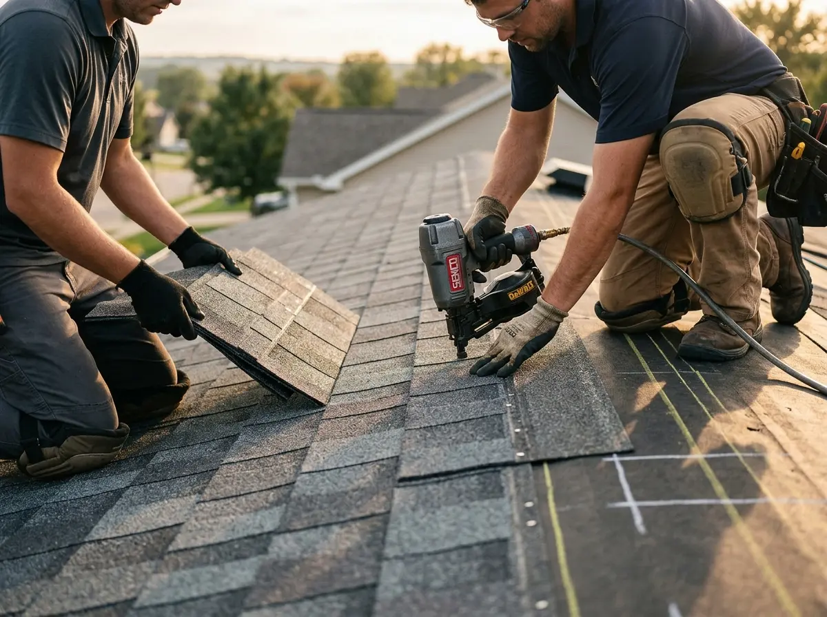 Professional roofer working on a residential roof in La Marque